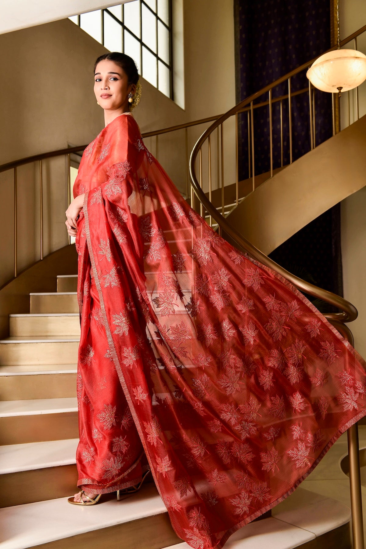 Kota Silk Chinar Patti Appliqué Saree – Red