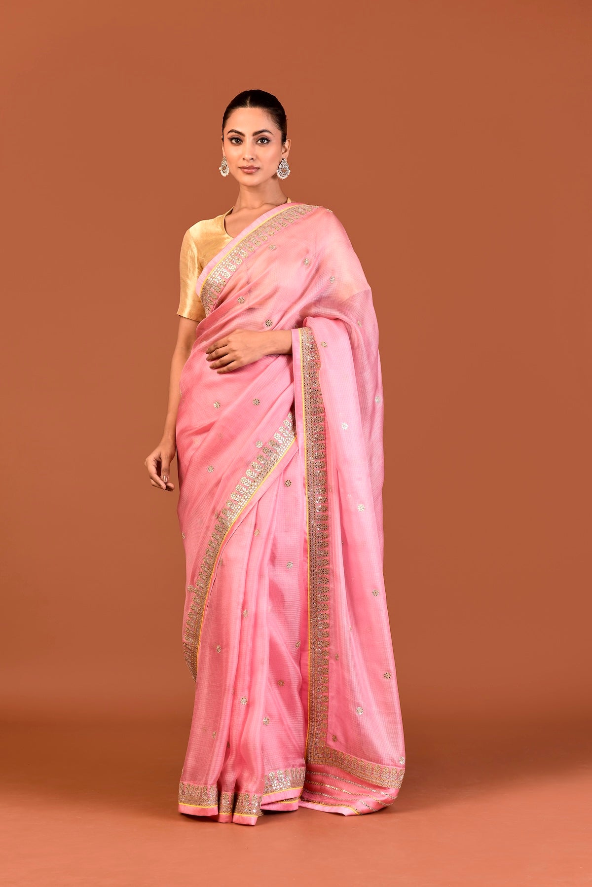 Kota Silk Gota Patti Round Buti With Flower Border Saree – Pink