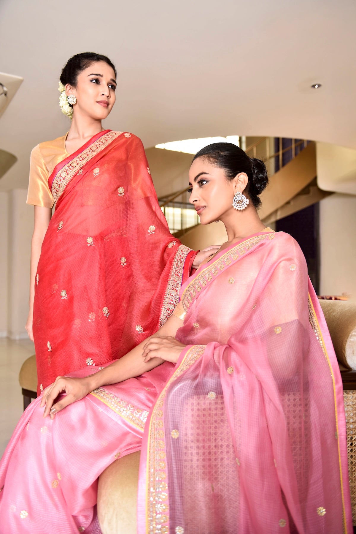 Kota Silk Gota Patti Round Buti With Flower Border Saree – Pink