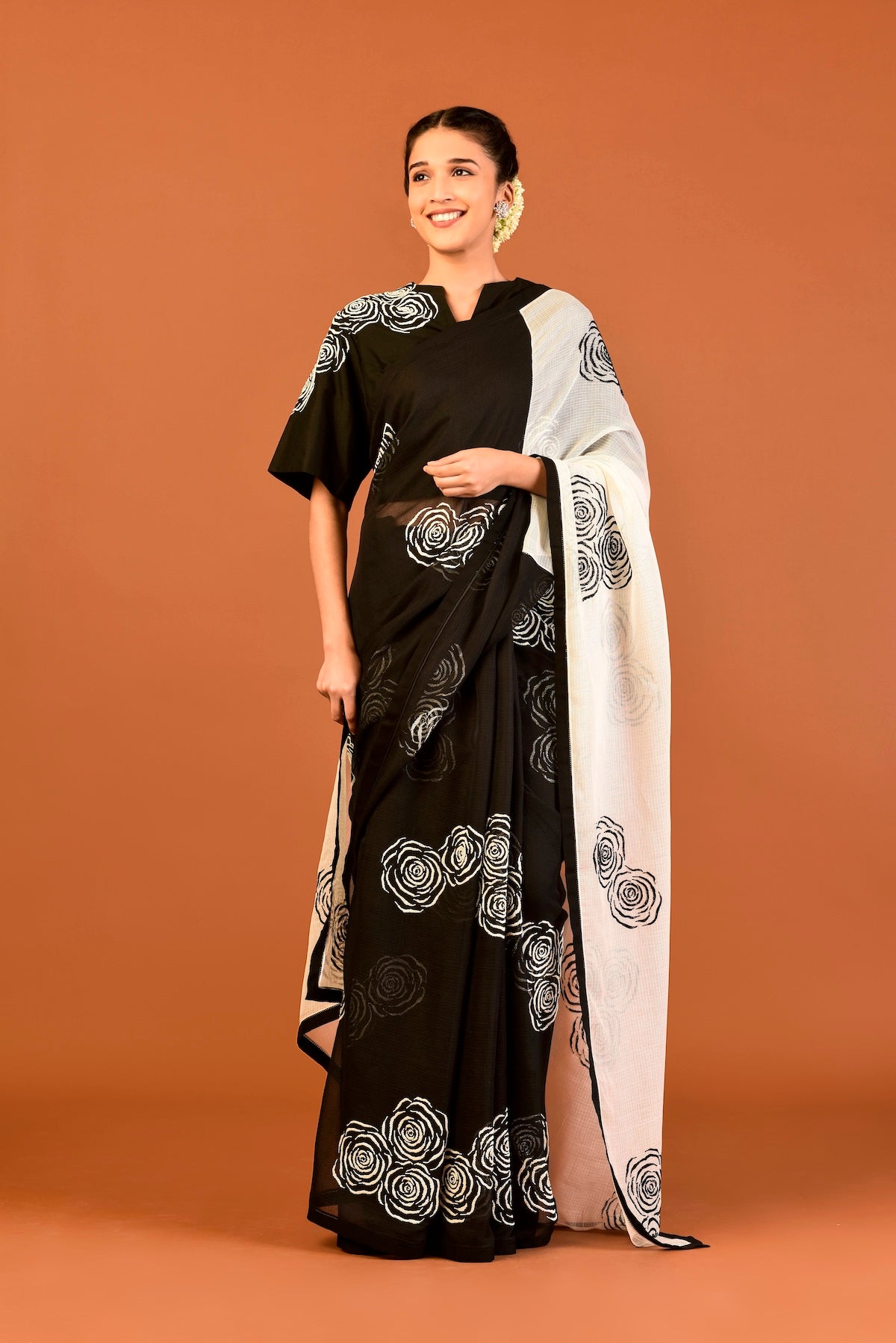 Kota Silk Cutdana Rose Cluster Saree – Black