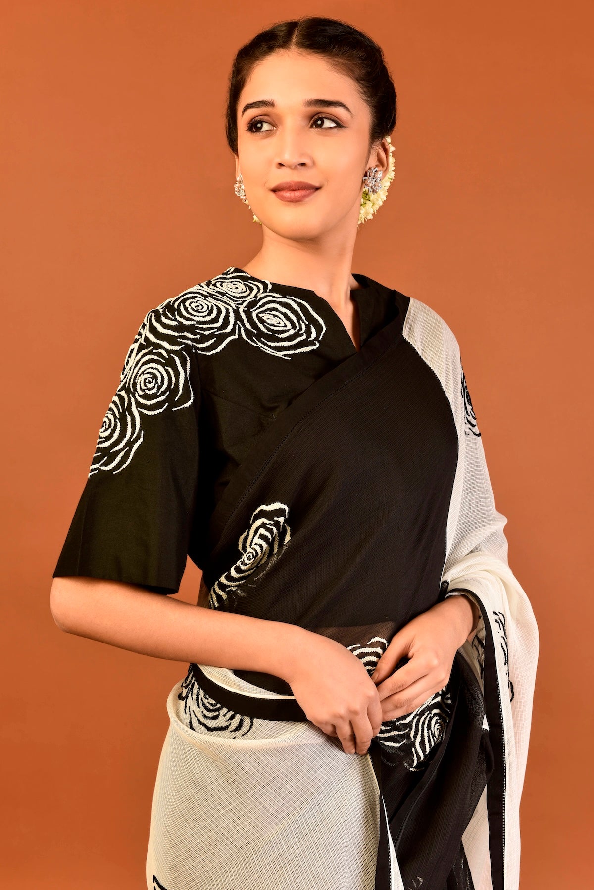 Kota Silk Cutdana Rose Cluster Saree – Black