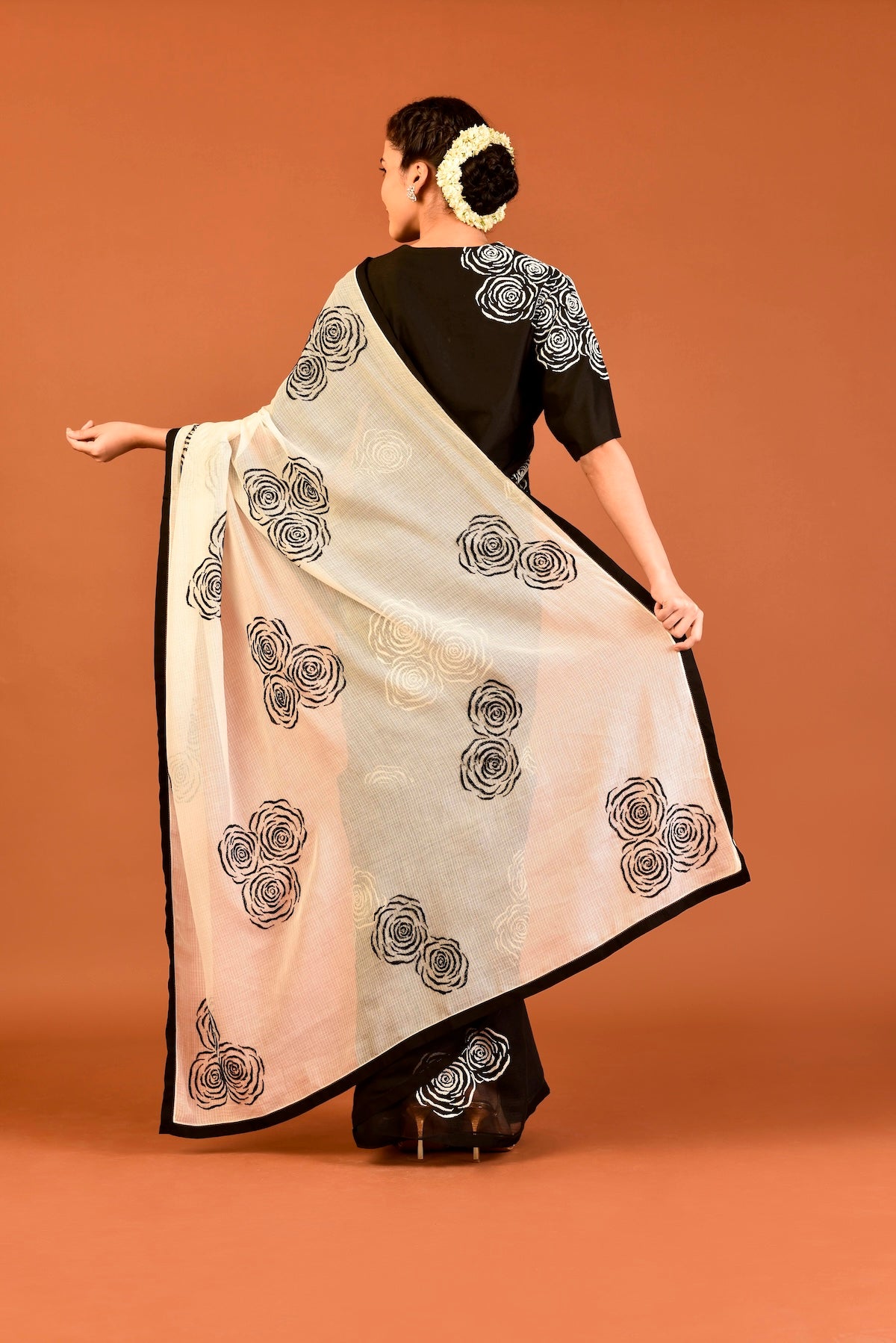 Kota Silk Cutdana Rose Cluster Saree – Black