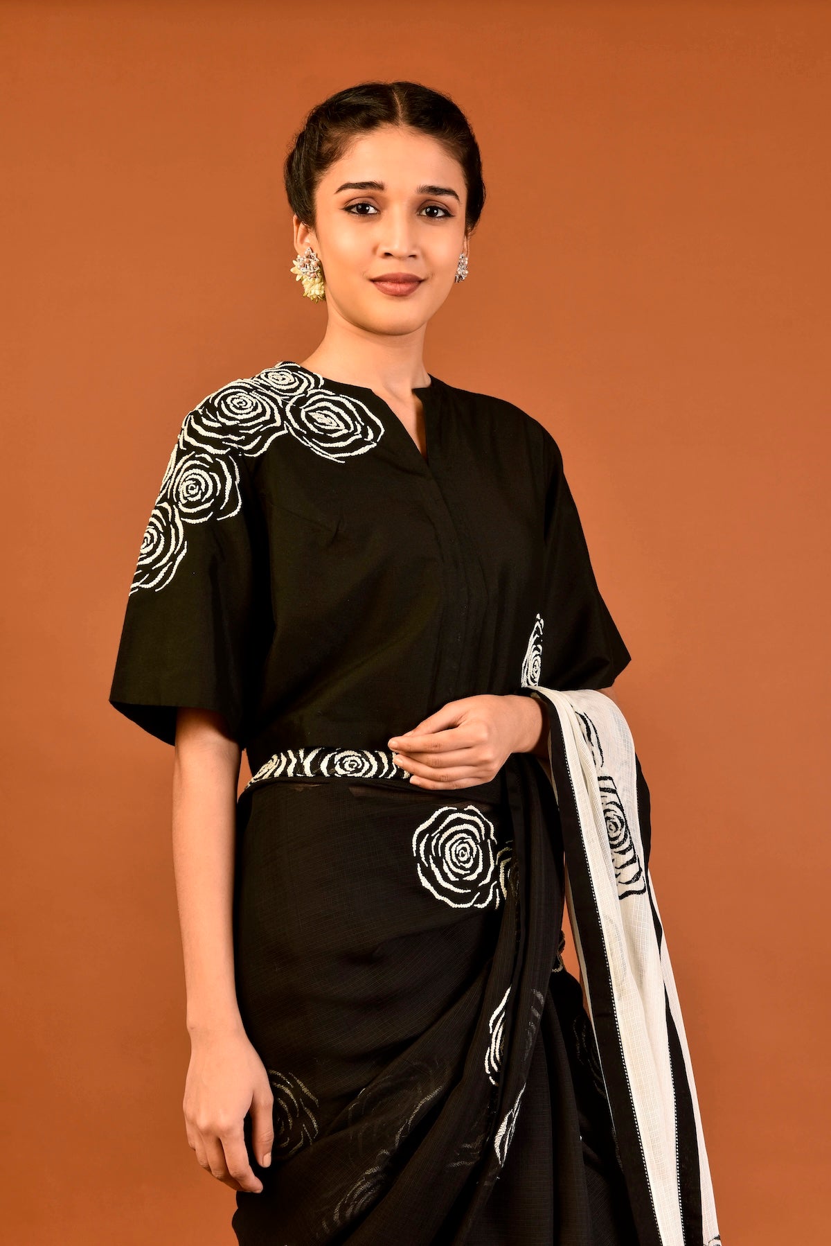 Kota Silk Cutdana Rose Cluster Saree – Black