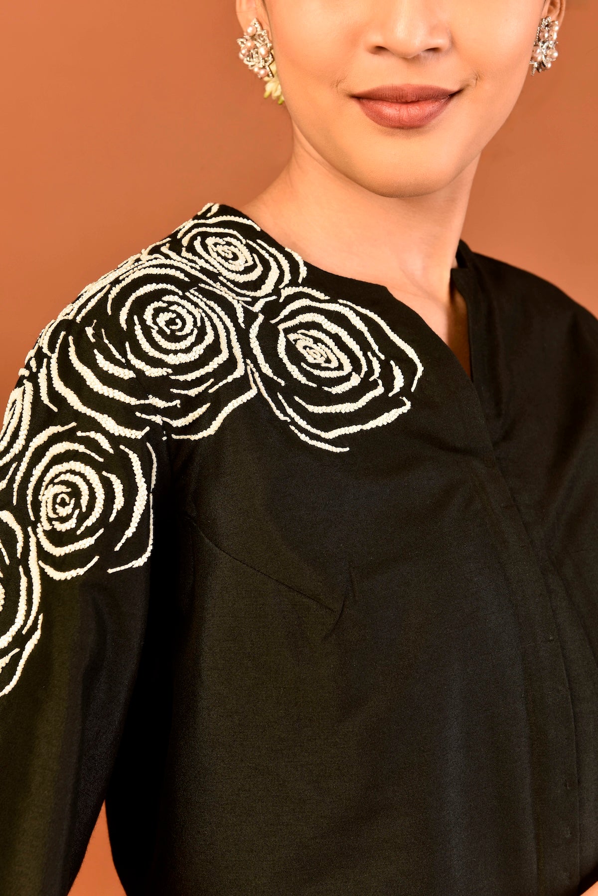 Kota Silk Cutdana Rose Cluster Saree – Black