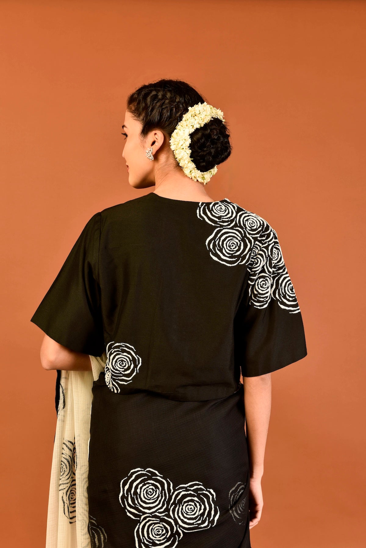 Kota Silk Cutdana Rose Cluster Saree – Black