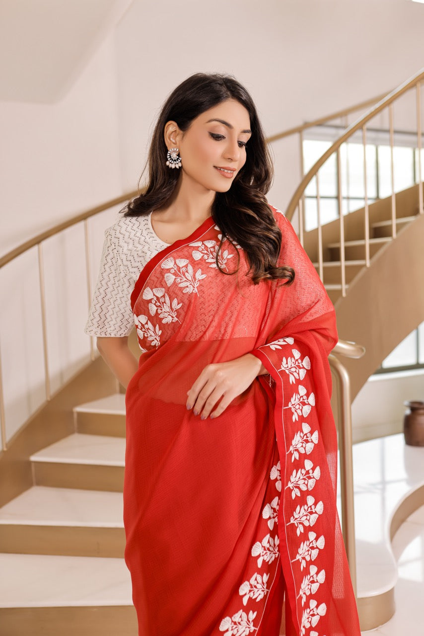 Banaras Kota Dori Embroidery Tulip Buta Saree – Red and Off-White