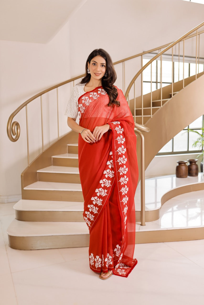 Banaras Kota Dori Embroidery Tulip Buta Saree – Red and Off-White