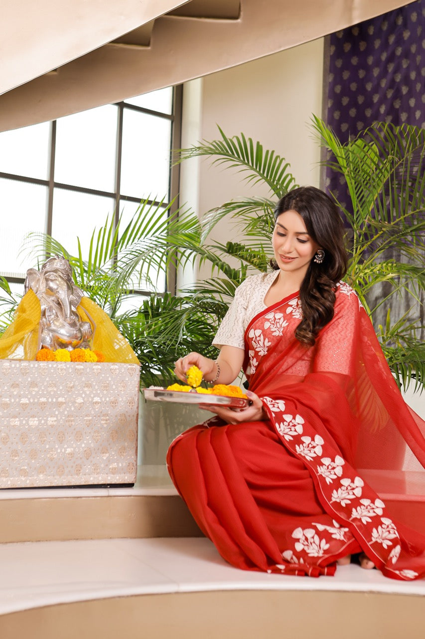 Banaras Kota Dori Embroidery Tulip Buta Saree – Red and Off-White