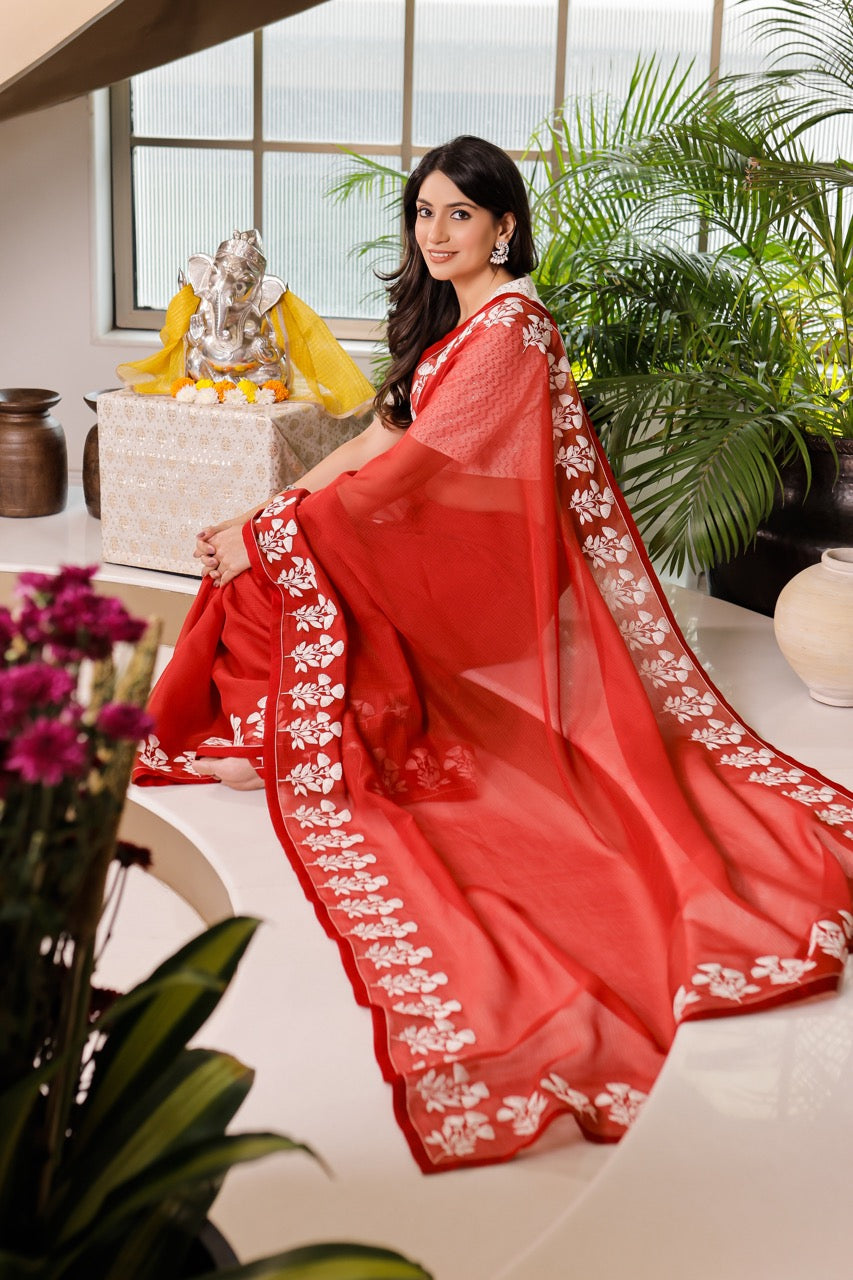 Banaras Kota Dori Embroidery Tulip Buta Saree – Red and Off-White