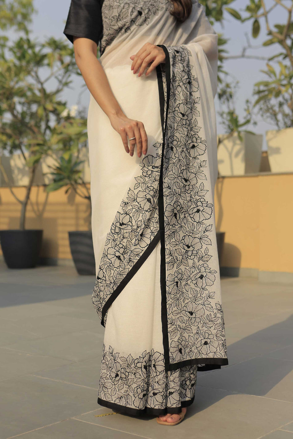 Banarasi Kota Lace Blossom Embroidery Saree - White