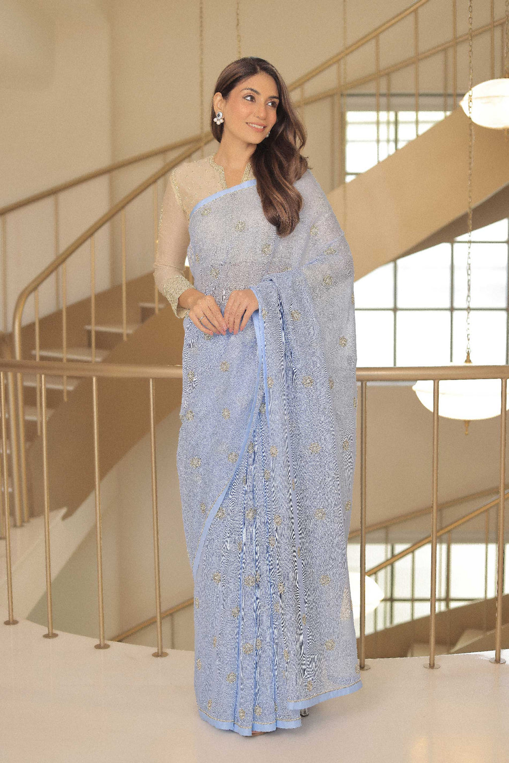 Banarasi Kota Pearl Katori Small Flower Embroidery Saree Light Blue
