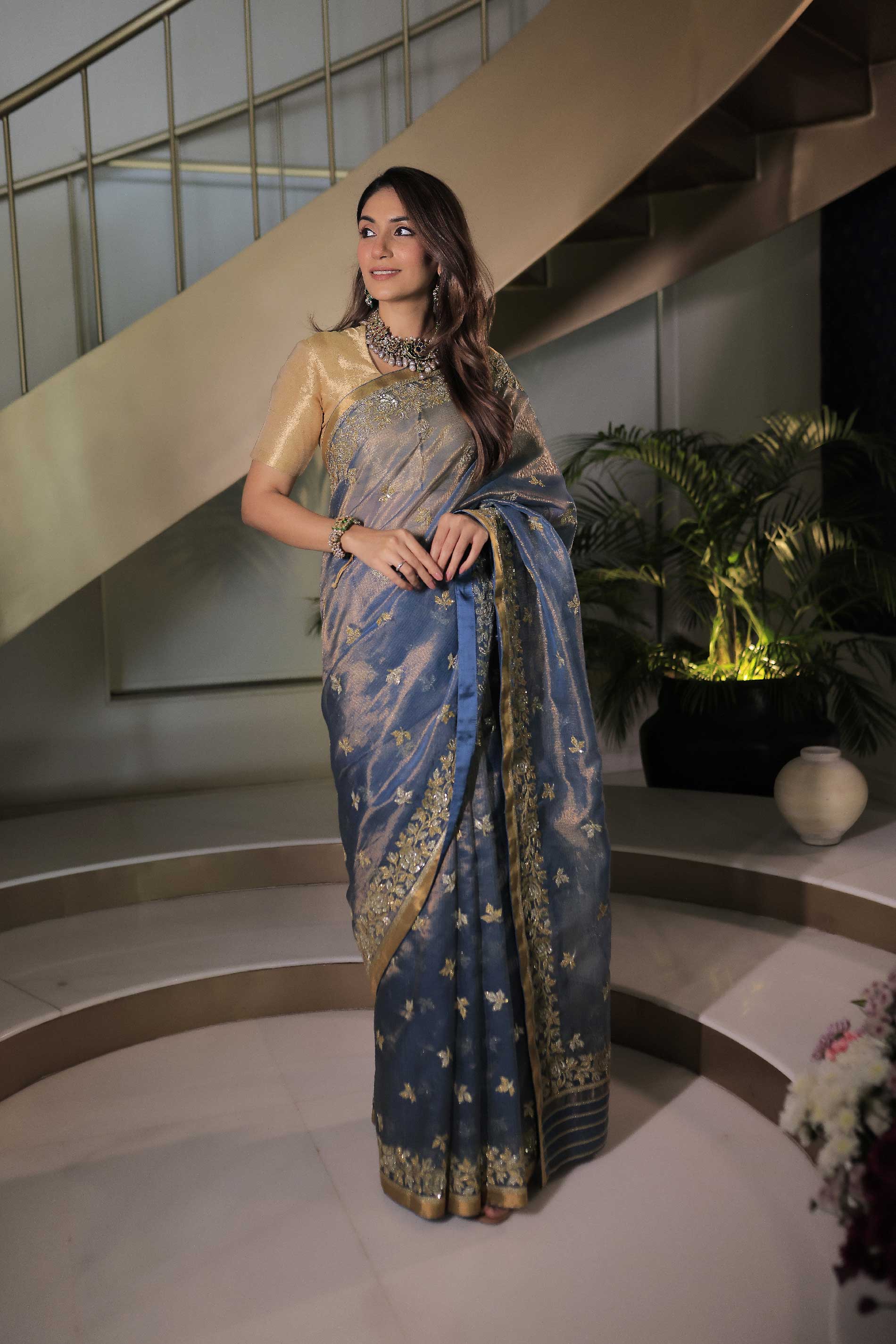 Kota Tissue Roze Broder Embroidery With Butis Saree Teal Blue