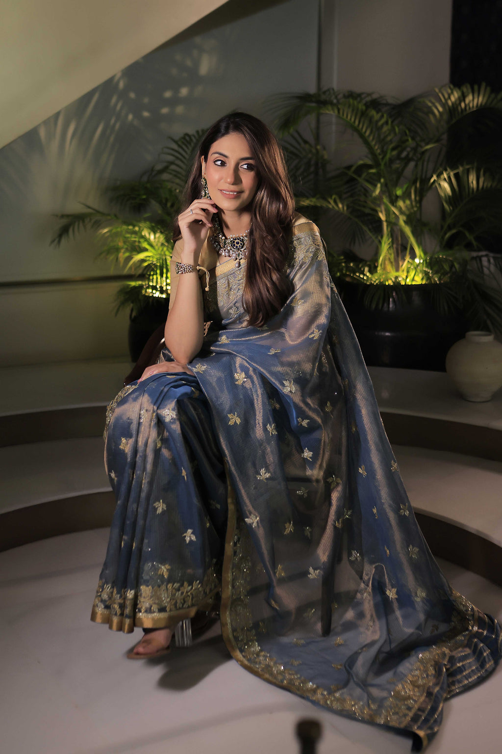 Kota Tissue Roze Broder Embroidery With Butis Saree Teal Blue