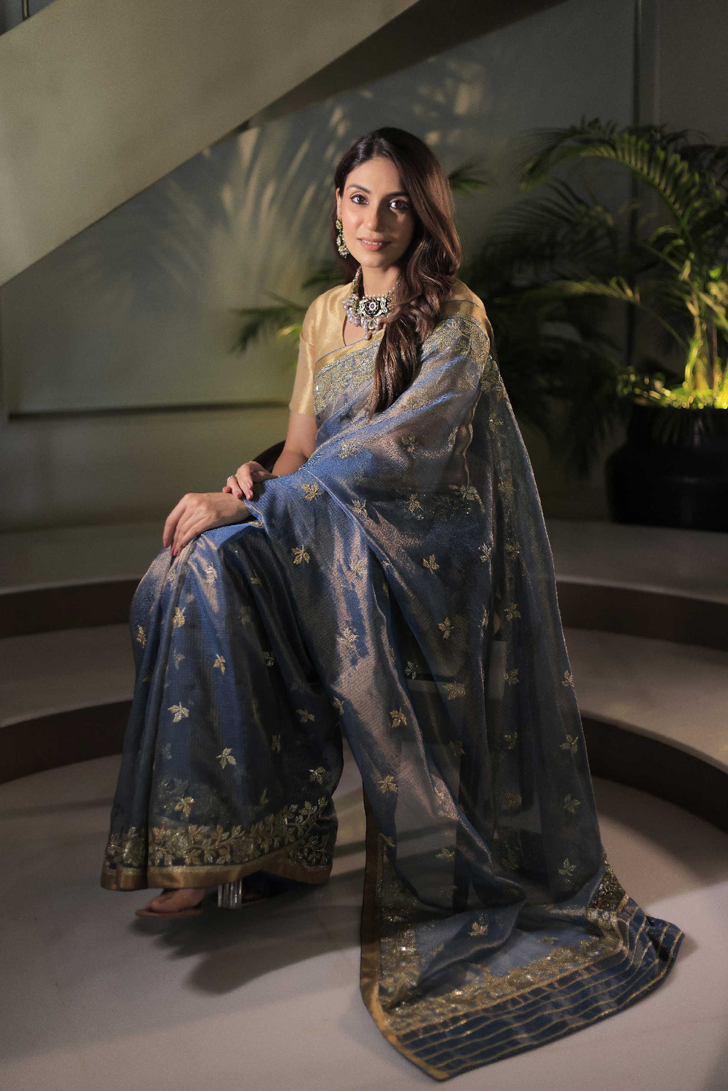 Kota Tissue Roze Broder Embroidery With Butis Saree Teal Blue