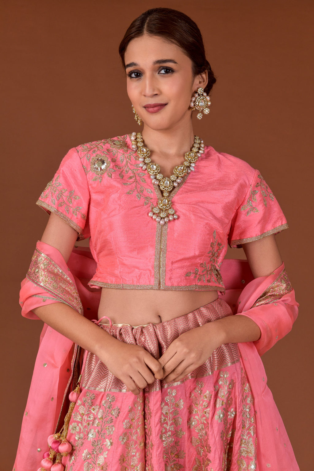 Banaras Woven Rose Jaal Lehenga Set – Pink | All-Over Gold Zari Rose & Floral Jaal with Sequin Highlights | Embroidered Dupion Silk Blouse & Organza Dupatta | Handwoven Banarasi Bridal Lehenga