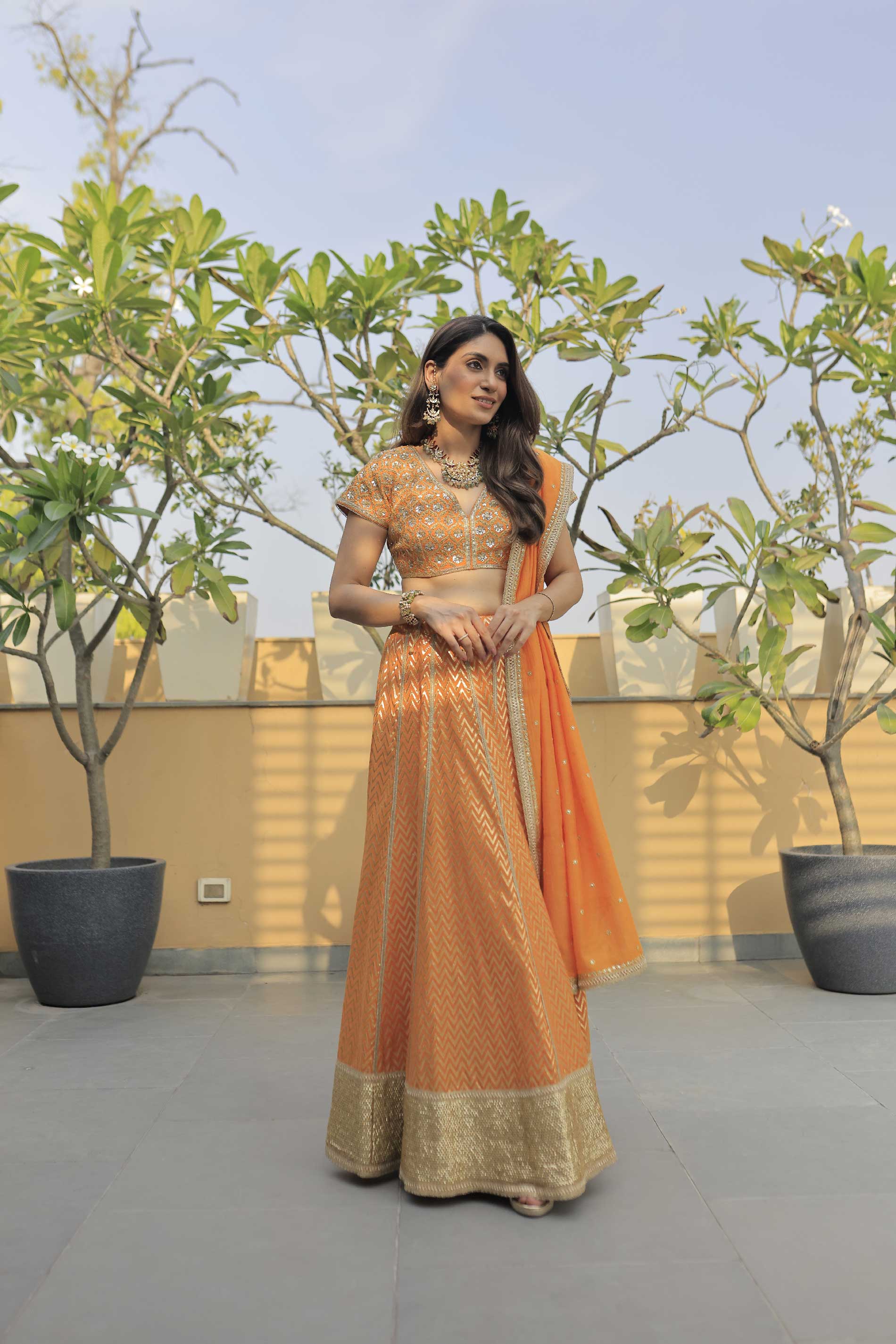Chanderi Woven  Herringbone Woven Lehanga Set - Orange