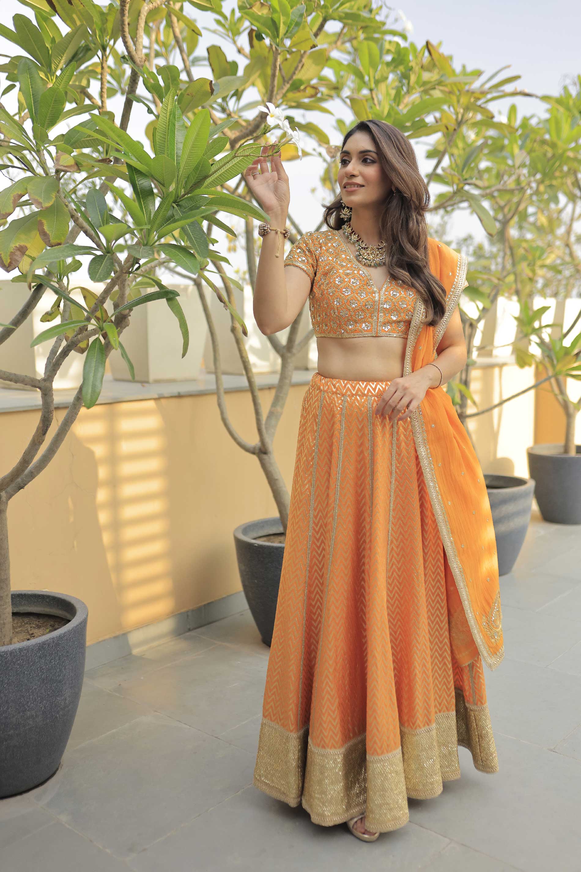 Chanderi Woven  Herringbone Woven Lehanga Set - Orange