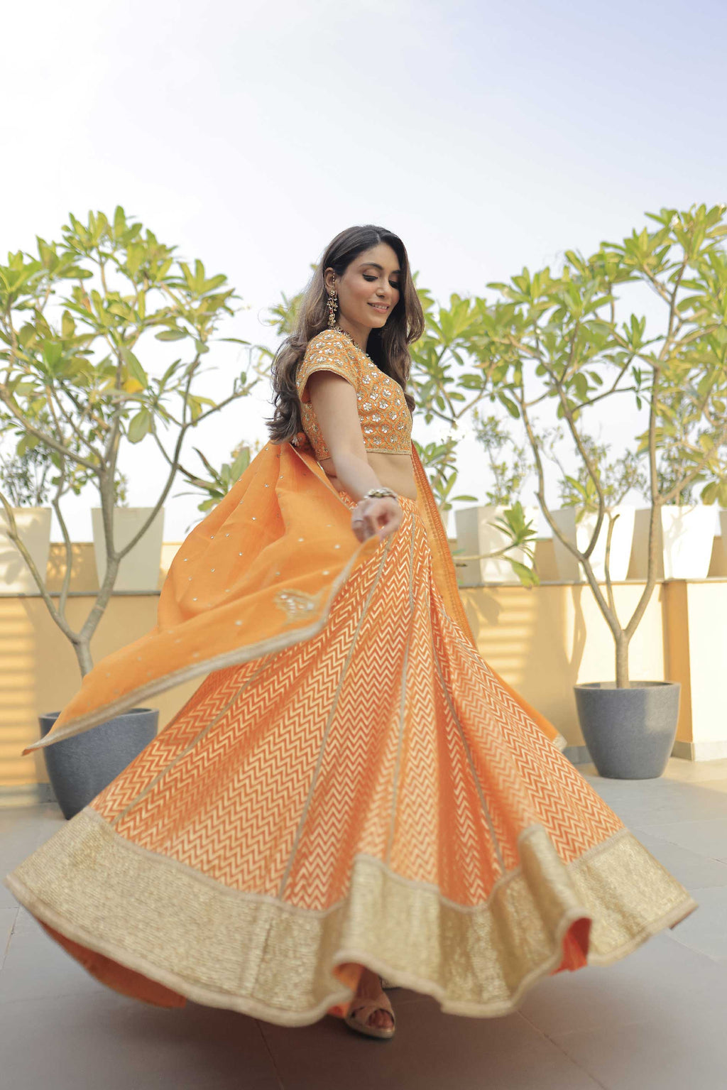Chanderi Woven  Herringbone Woven Lehanga Set - Orange