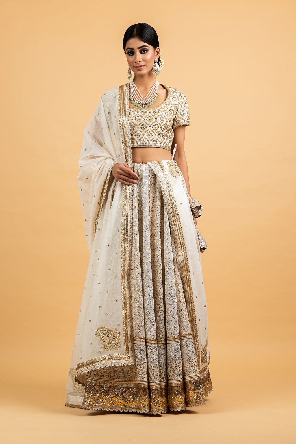 Banarasi Kota Gold and Silver Foil Print With Dori Embroidery Chanderi Blouse Off White Lehenga Set