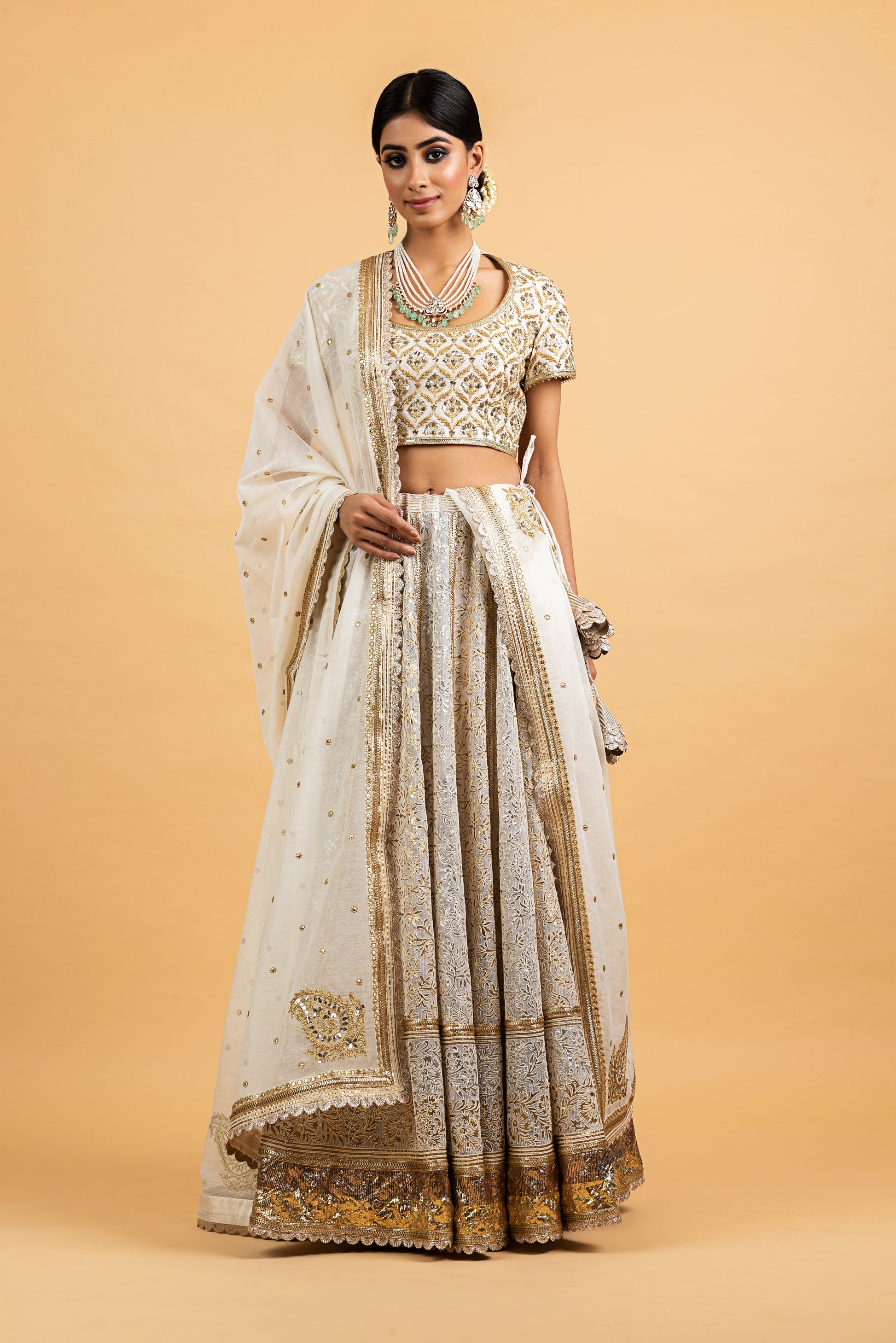 Banarasi Kota Gold and Silver Foil Print With Dori Embroidery Chanderi Blouse Off White Lehenga Set