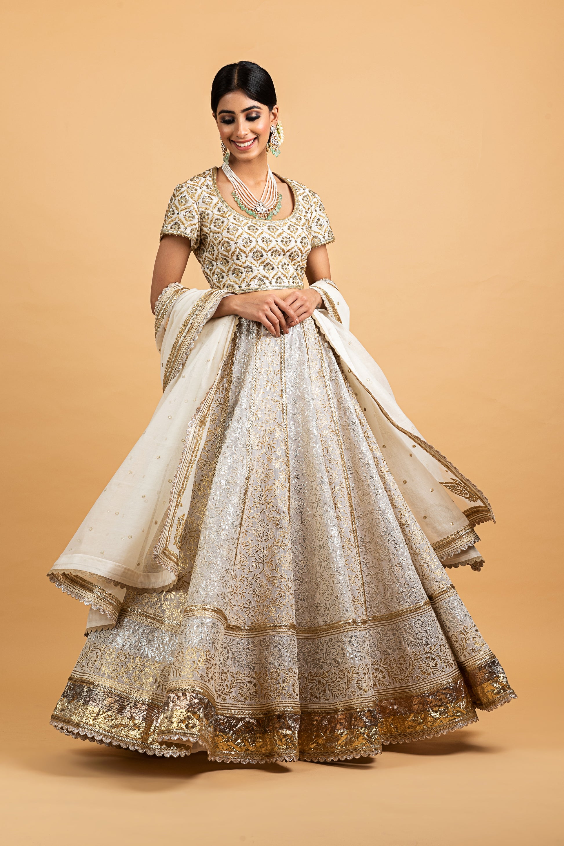 Banarasi Kota Gold and Silver Foil Print With Dori Embroidery Chanderi Blouse Off White Lehenga Set