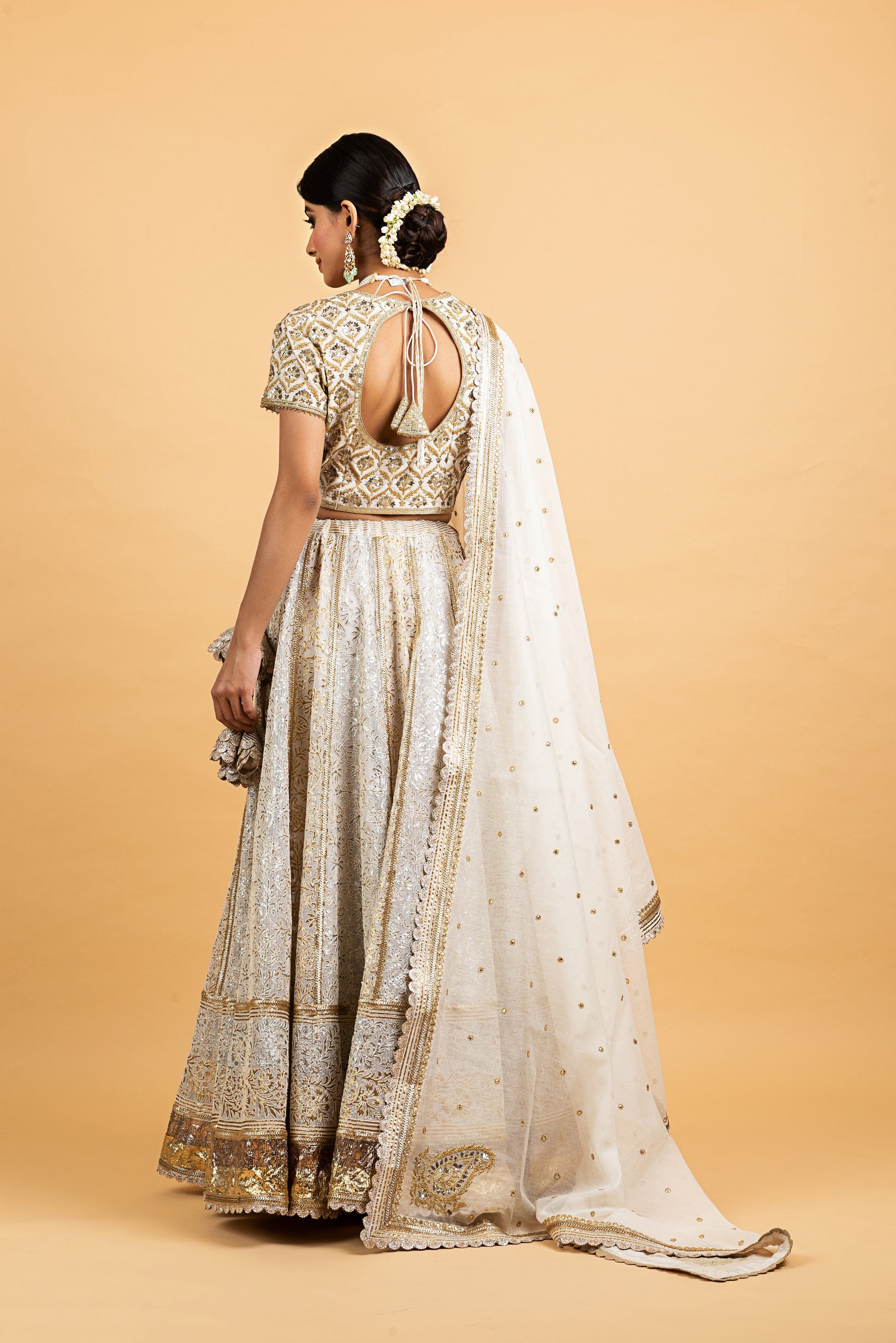 Banarasi Kota Gold and Silver Foil Print With Dori Embroidery Chanderi Blouse Off White Lehenga Set