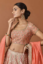 Load image into Gallery viewer, Banaras Kota Gold and Silver Foil Print With Dori Embroidery Pink Lehenga Set
