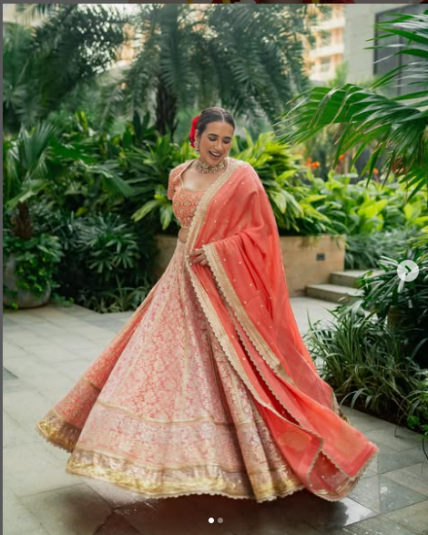 Banarasi Kota Gold and Silver Foil Print With Dori Embroidery Coral Lehenga Set