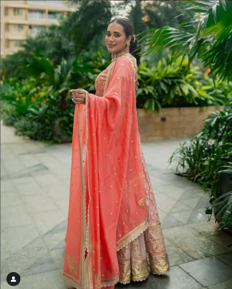 Banarasi Kota Gold and Silver Foil Print With Dori Embroidery Coral Lehenga Set