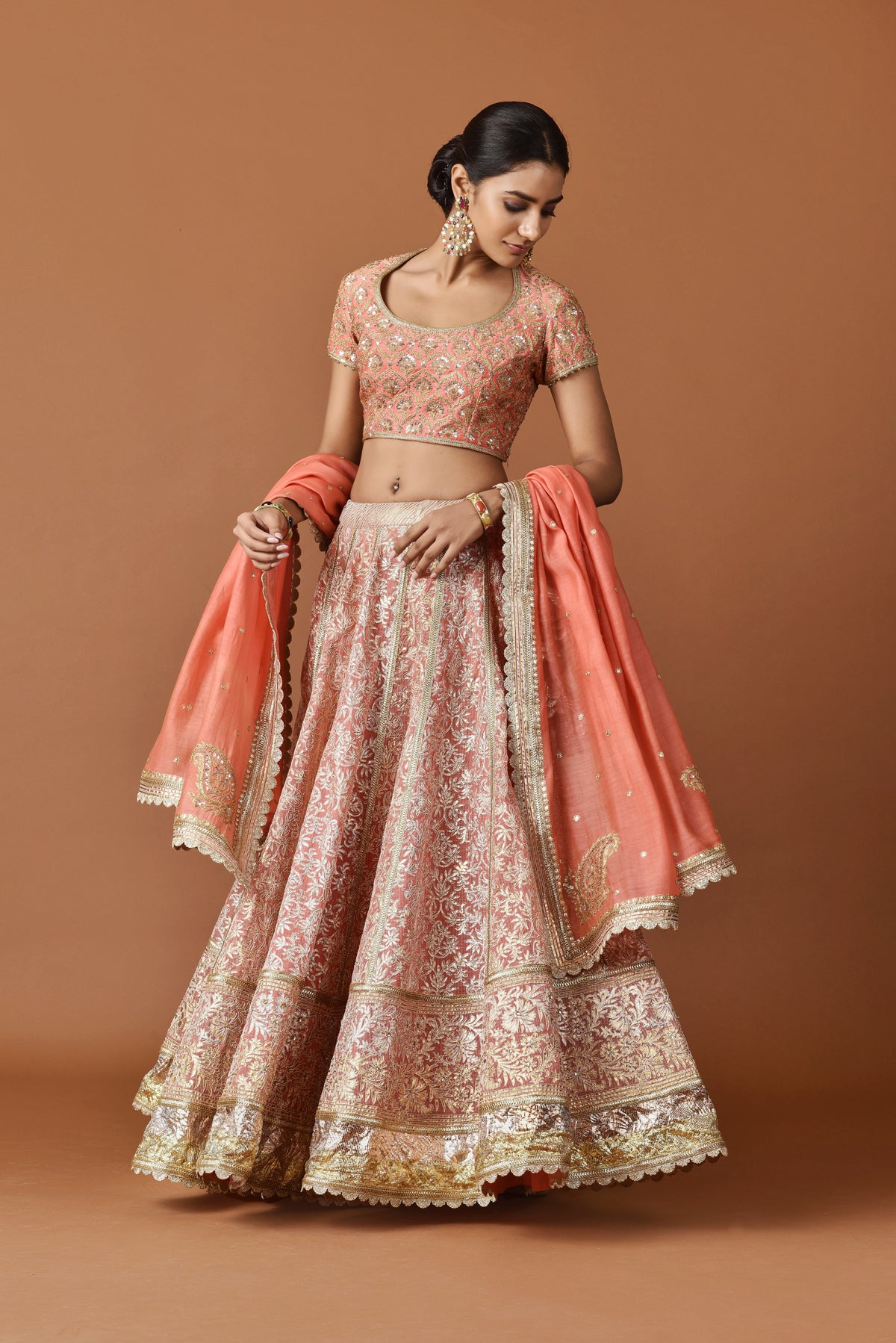 Banarasi Kota Gold and Silver Foil Print With Dori Embroidery Coral Lehenga Set