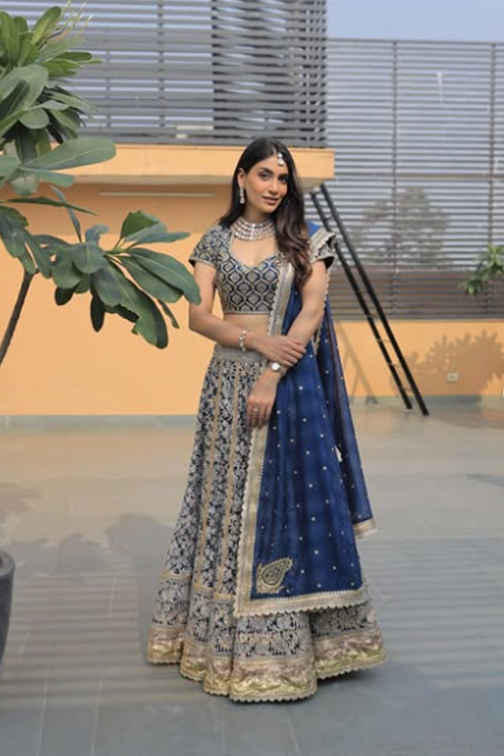 Banarasi Kota Gold and Silver Foil Print With Dori Embroidery Indigo Lehenga Set