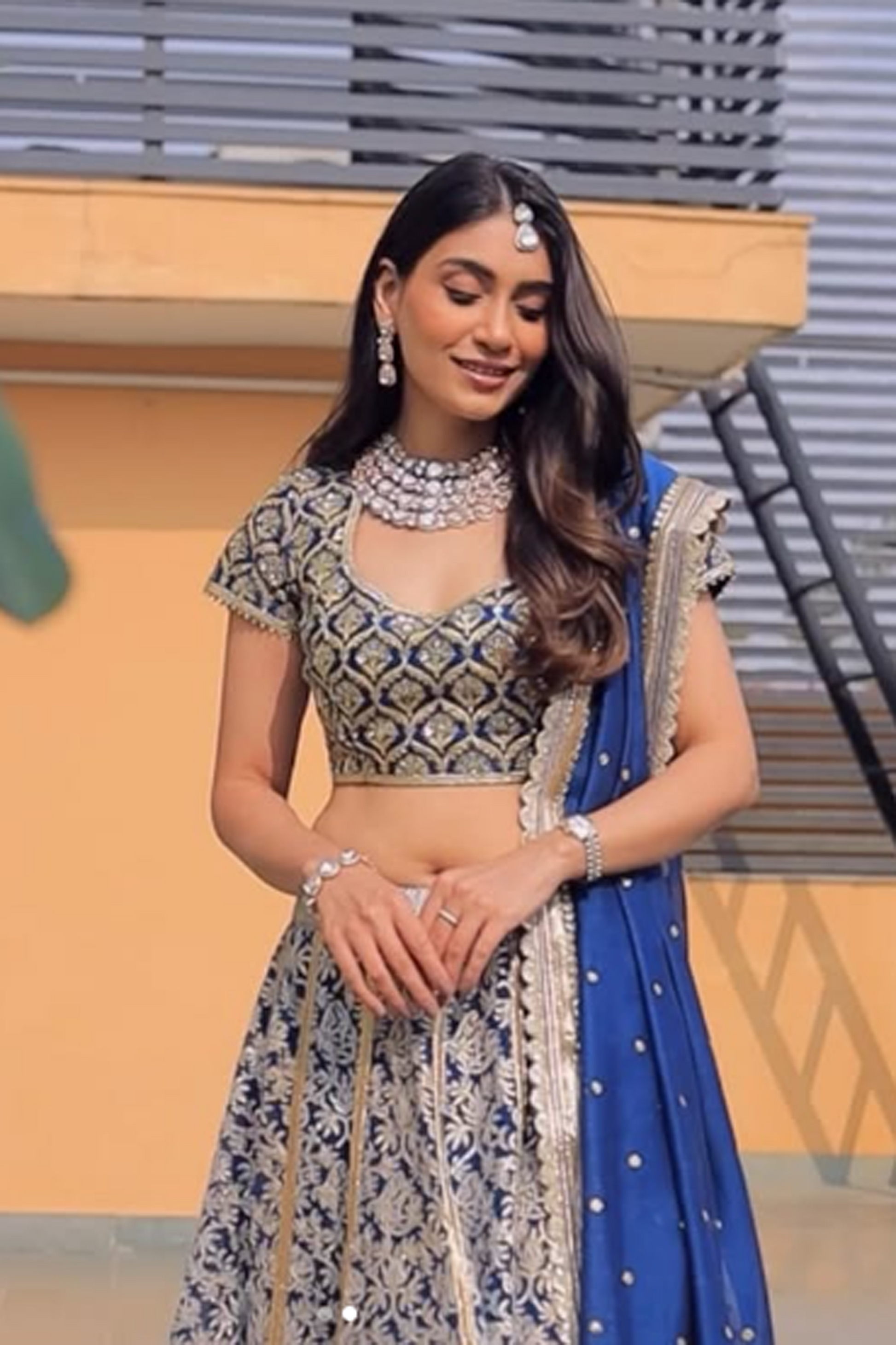 Banarasi Kota Gold and Silver Foil Print With Dori Embroidery Indigo Lehenga Set
