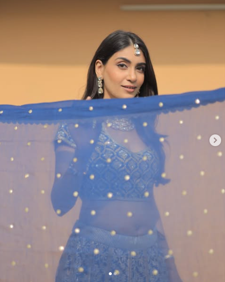 Banarasi Kota Gold and Silver Foil Print With Dori Embroidery Indigo Lehenga Set