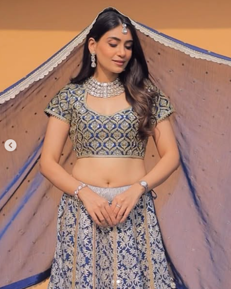 Banarasi Kota Gold and Silver Foil Print With Dori Embroidery Indigo Lehenga Set