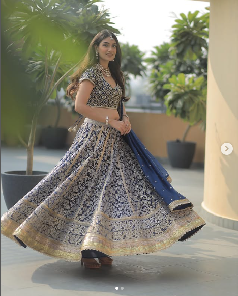 Banarasi Kota Gold and Silver Foil Print With Dori Embroidery Indigo Lehenga Set
