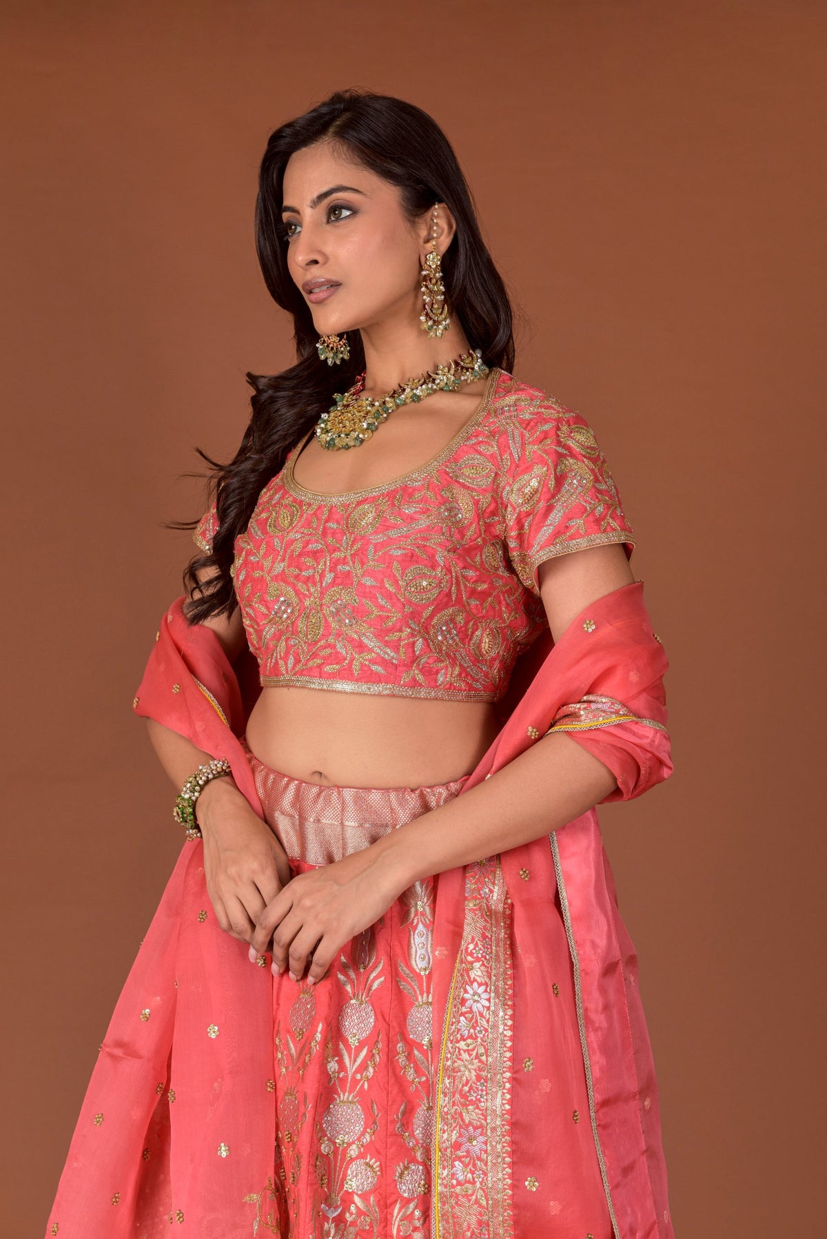 Banaras Woven Lehenga Set – Candy Pink | All-Over Gold Zari Rose & Floral Jaal with Sequin Highlights | Embroidered Dupion Silk Blouse & Organza Dupatta | Handwoven Banarasi Bridal Lehenga