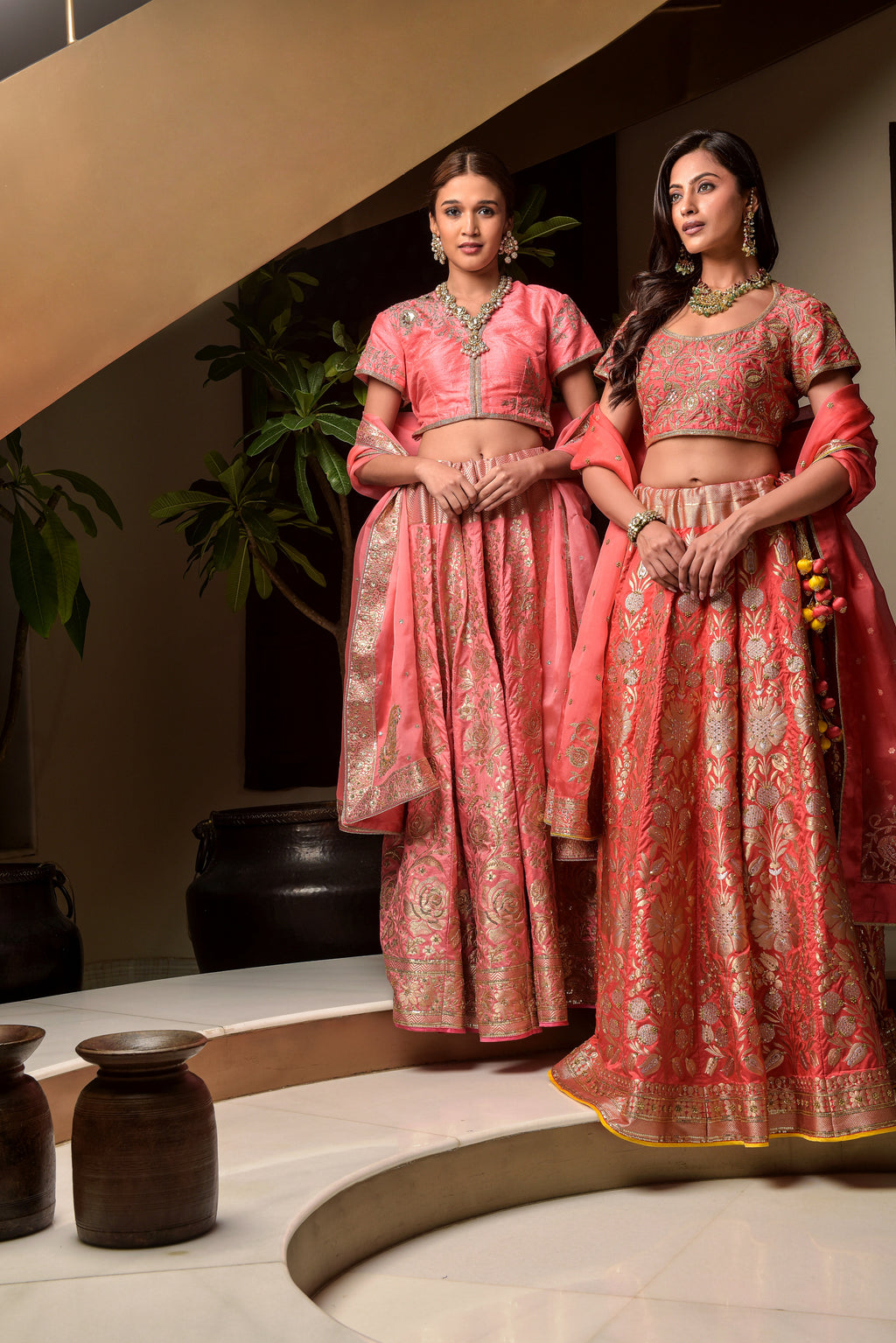 Banaras Woven Lehenga Set – Candy Pink | All-Over Gold Zari Rose & Floral Jaal with Sequin Highlights | Embroidered Dupion Silk Blouse & Organza Dupatta | Handwoven Banarasi Bridal Lehenga