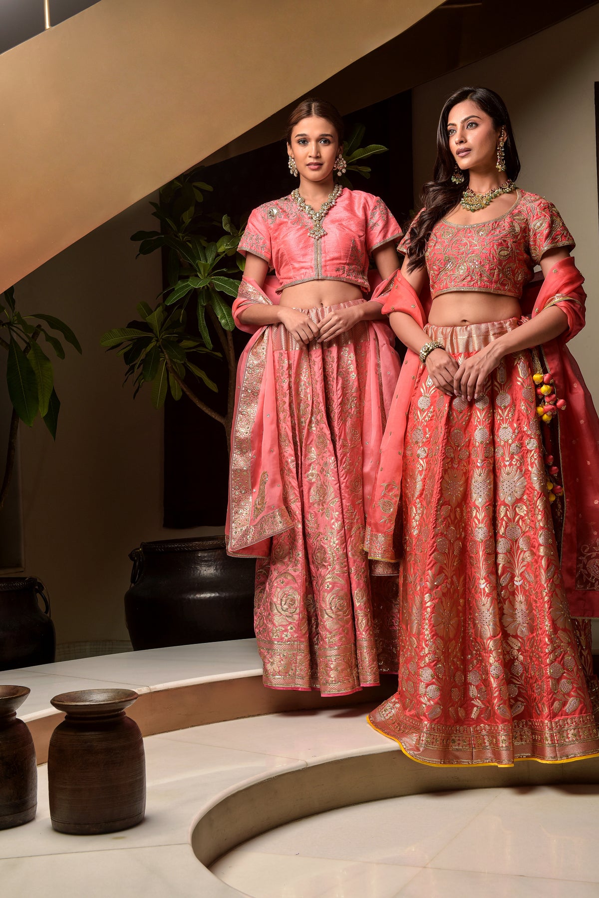 Banaras Woven Rose Jaal Lehenga Set – Pink | All-Over Gold Zari Rose & Floral Jaal with Sequin Highlights | Embroidered Dupion Silk Blouse & Organza Dupatta | Handwoven Banarasi Bridal Lehenga