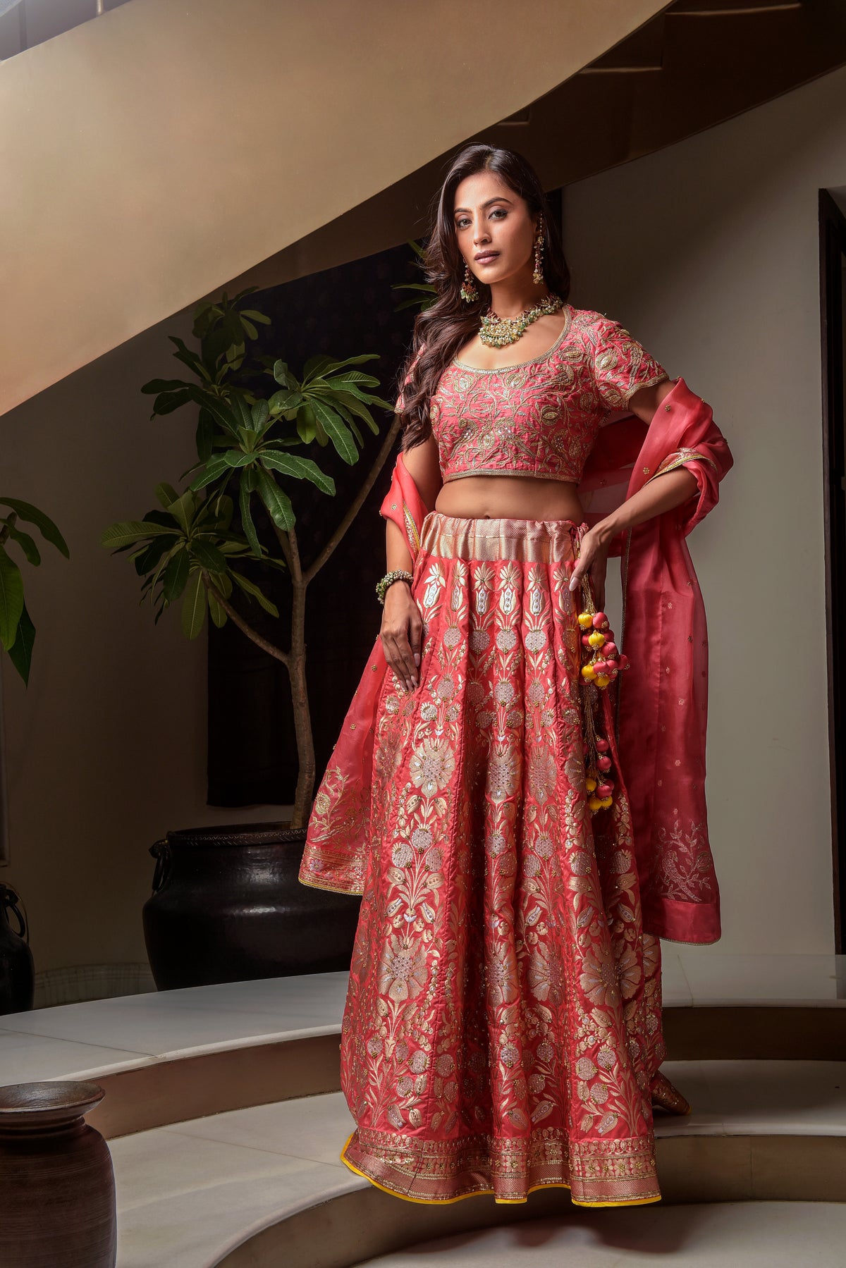 Banaras Woven Lehenga Set – Candy Pink | All-Over Gold Zari Rose & Floral Jaal with Sequin Highlights | Embroidered Dupion Silk Blouse & Organza Dupatta | Handwoven Banarasi Bridal Lehenga