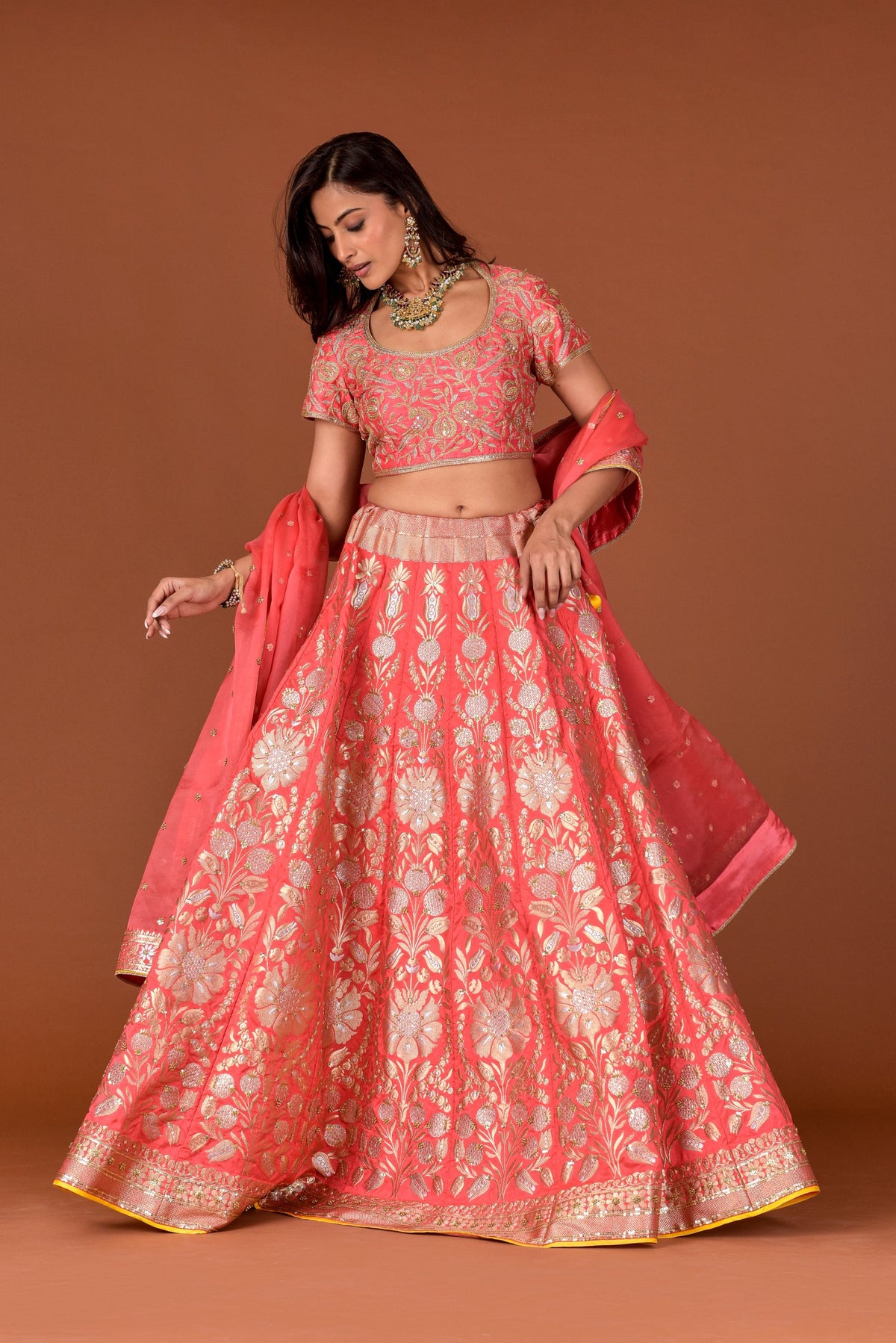 Banaras Woven Lehenga Set – Candy Pink | All-Over Gold Zari Rose & Floral Jaal with Sequin Highlights | Embroidered Dupion Silk Blouse & Organza Dupatta | Handwoven Banarasi Bridal Lehenga