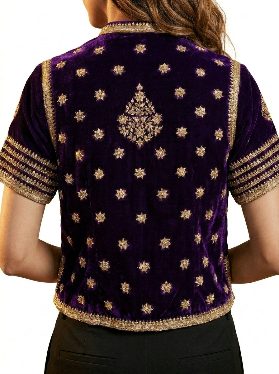 Velvet Dori Embroidery Small Flower Buti Jacket - Purple