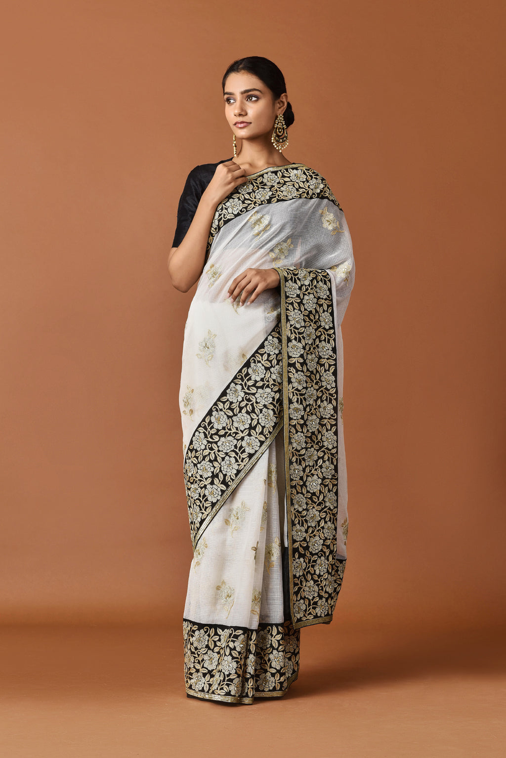 Kota Aari and Sequence Flower Border Buti Embroidery Saree - White