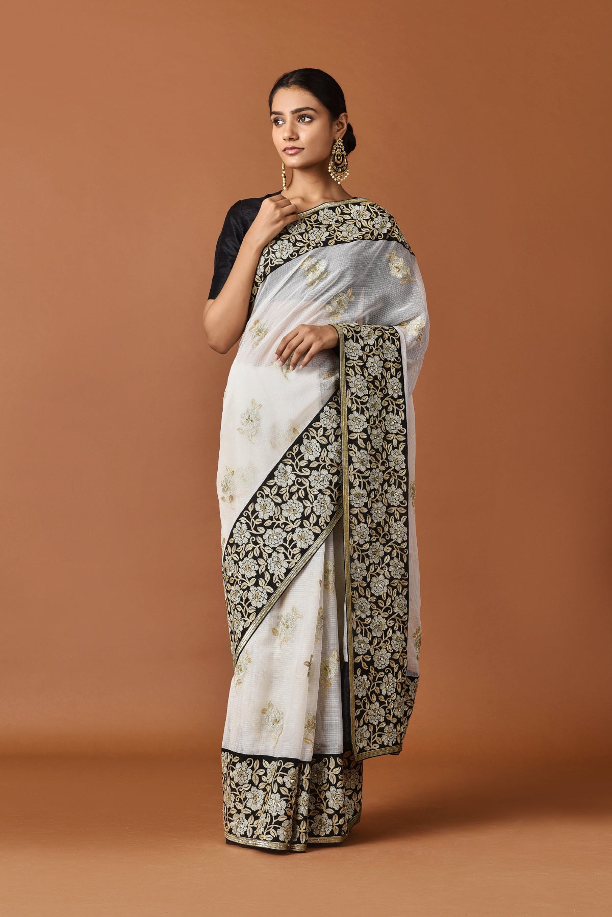 Kota Aari and Sequence Flower Border Buti Embroidery Saree - White
