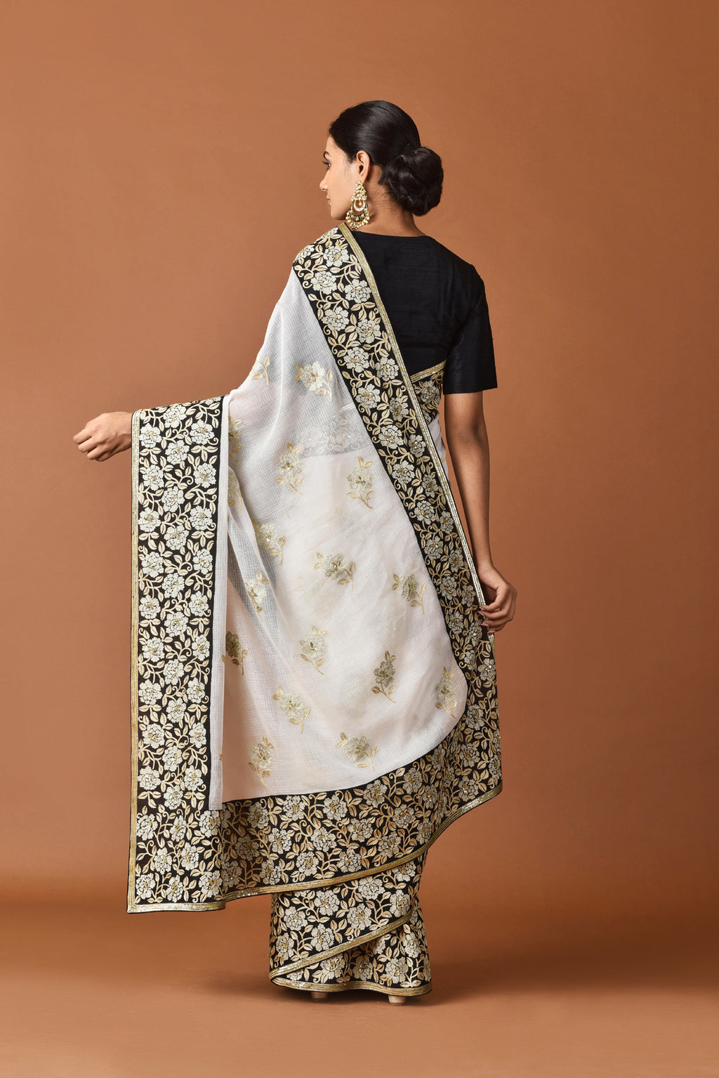 Kota Aari and Sequence Flower Border Buti Embroidery Saree - White