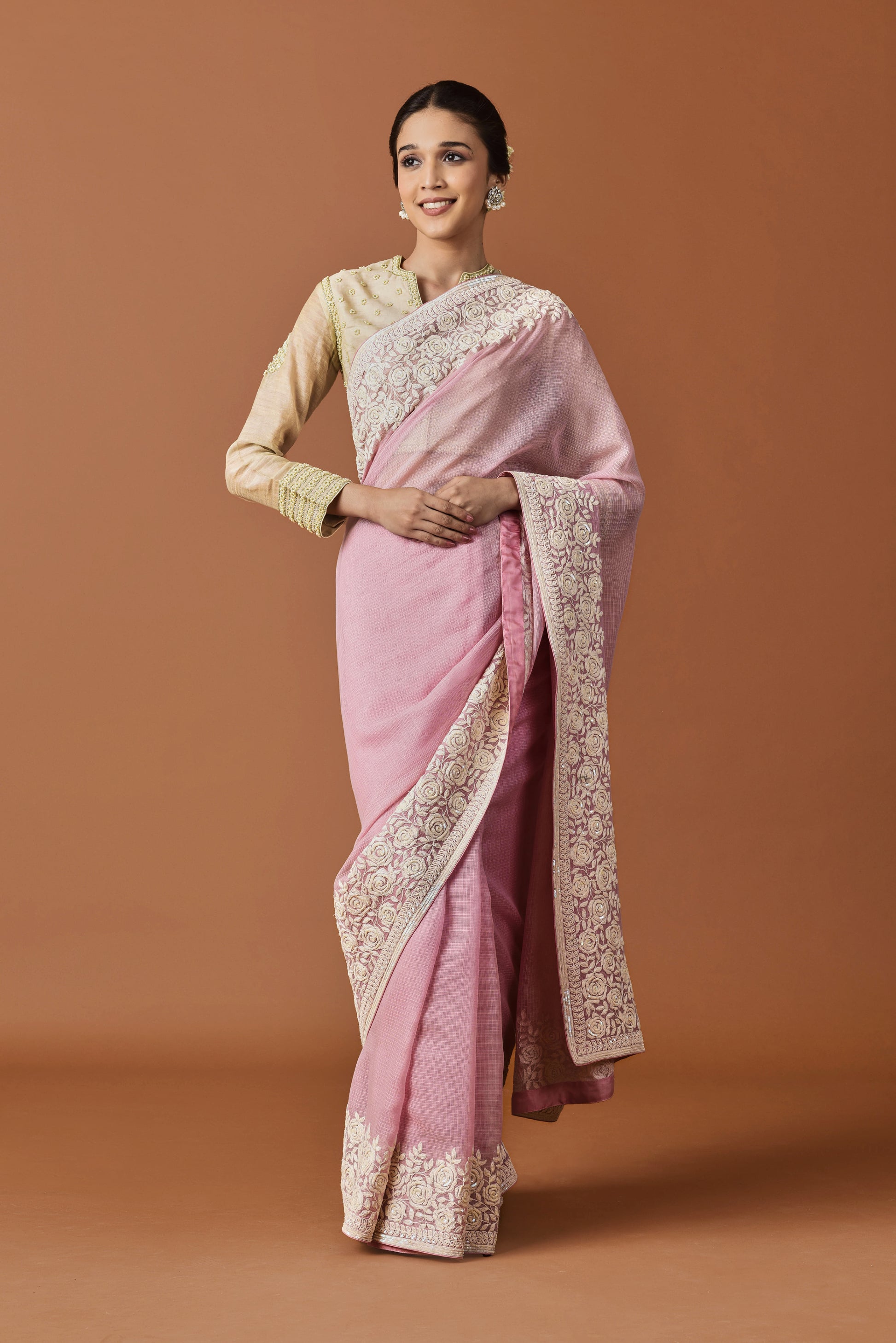 Kota Dori and Sequence Rose Border Embroidery Saree - Pink