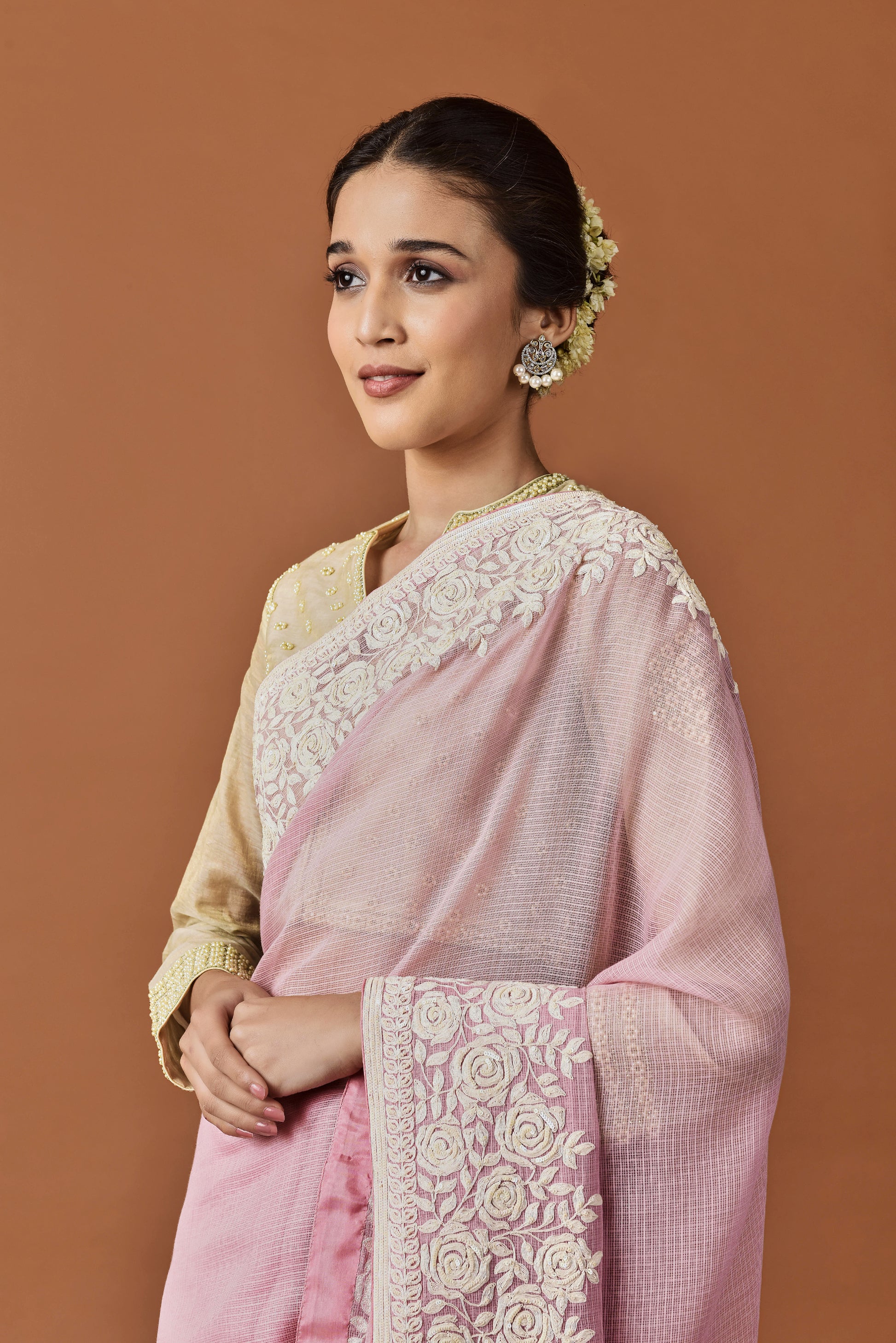 Kota Dori and Sequence Rose Border Embroidery Saree - Pink