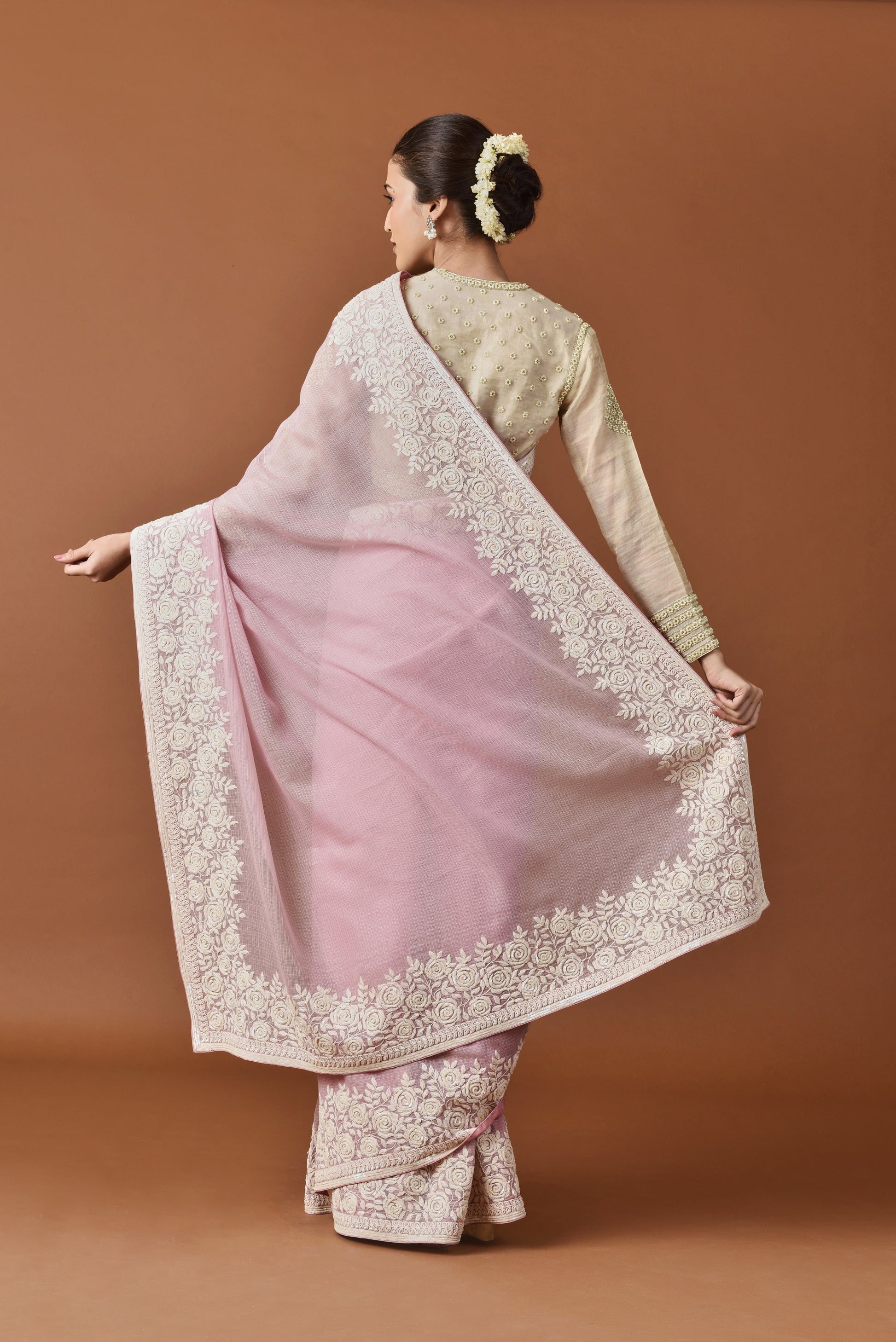 Kota Dori and Sequence Rose Border Embroidery Saree - Pink