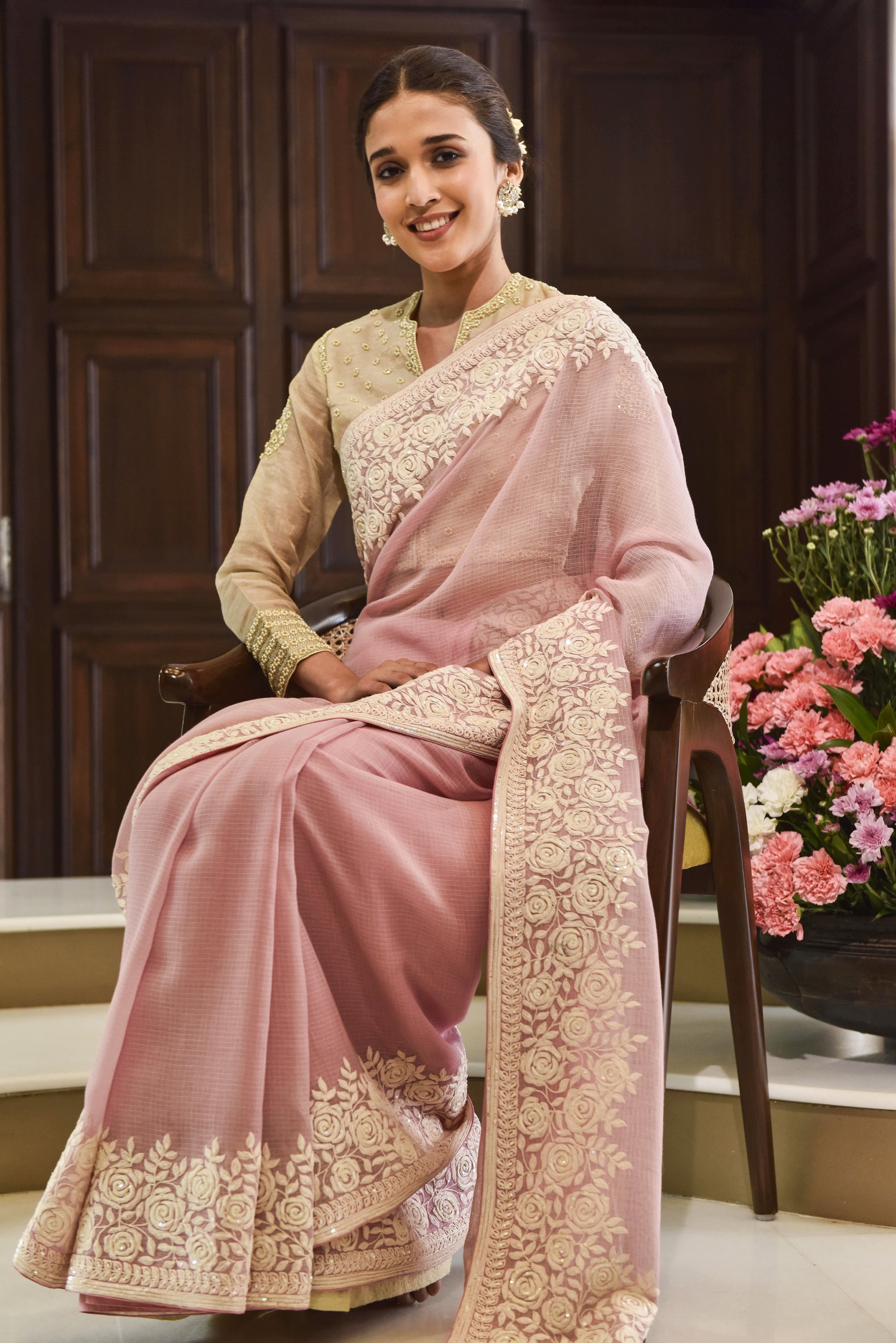 Kota Dori and Sequence Rose Border Embroidery Saree - Pink