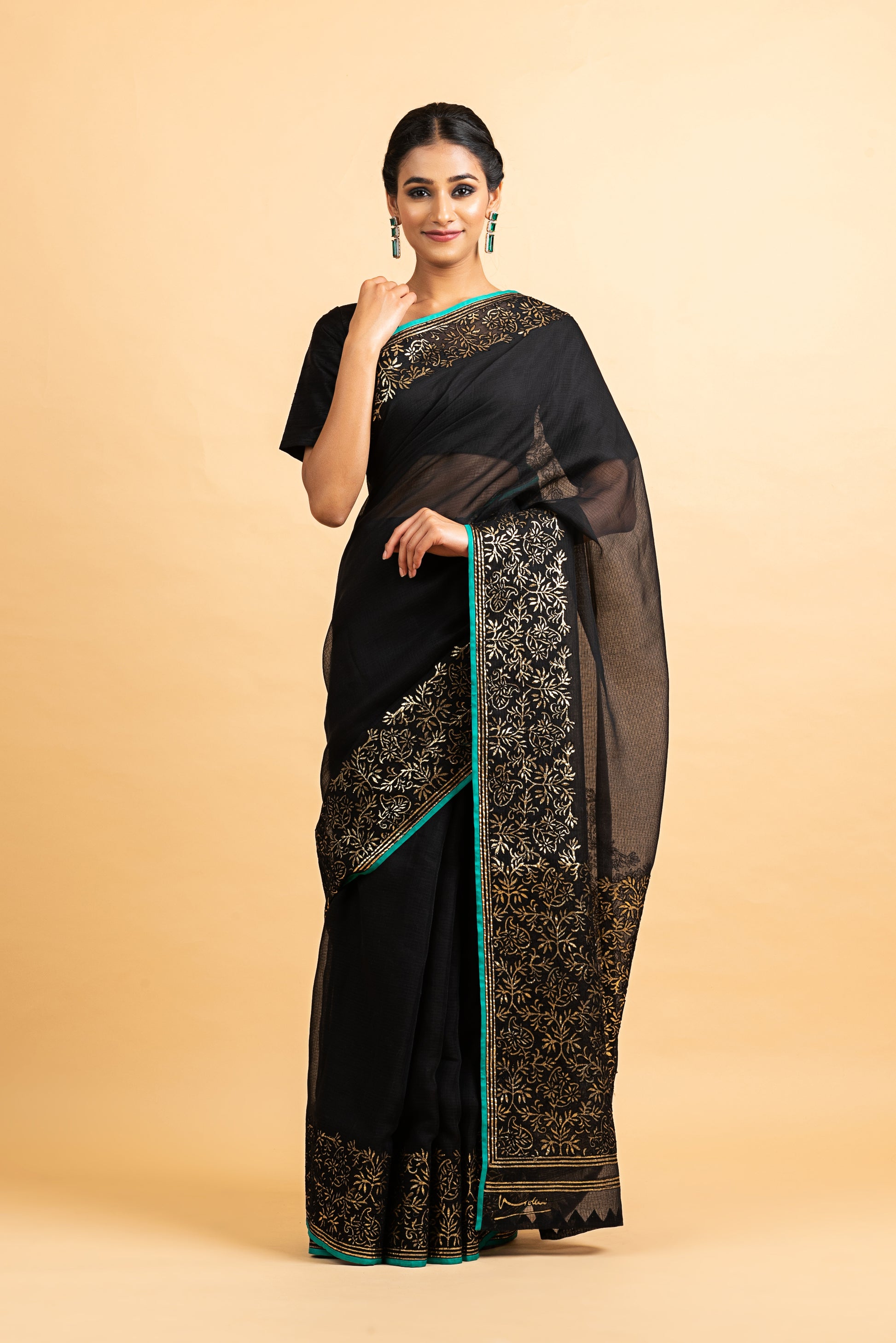 Kota Gold Foil Print With Dori Embroidery Leaf Jaal Saree - Black
