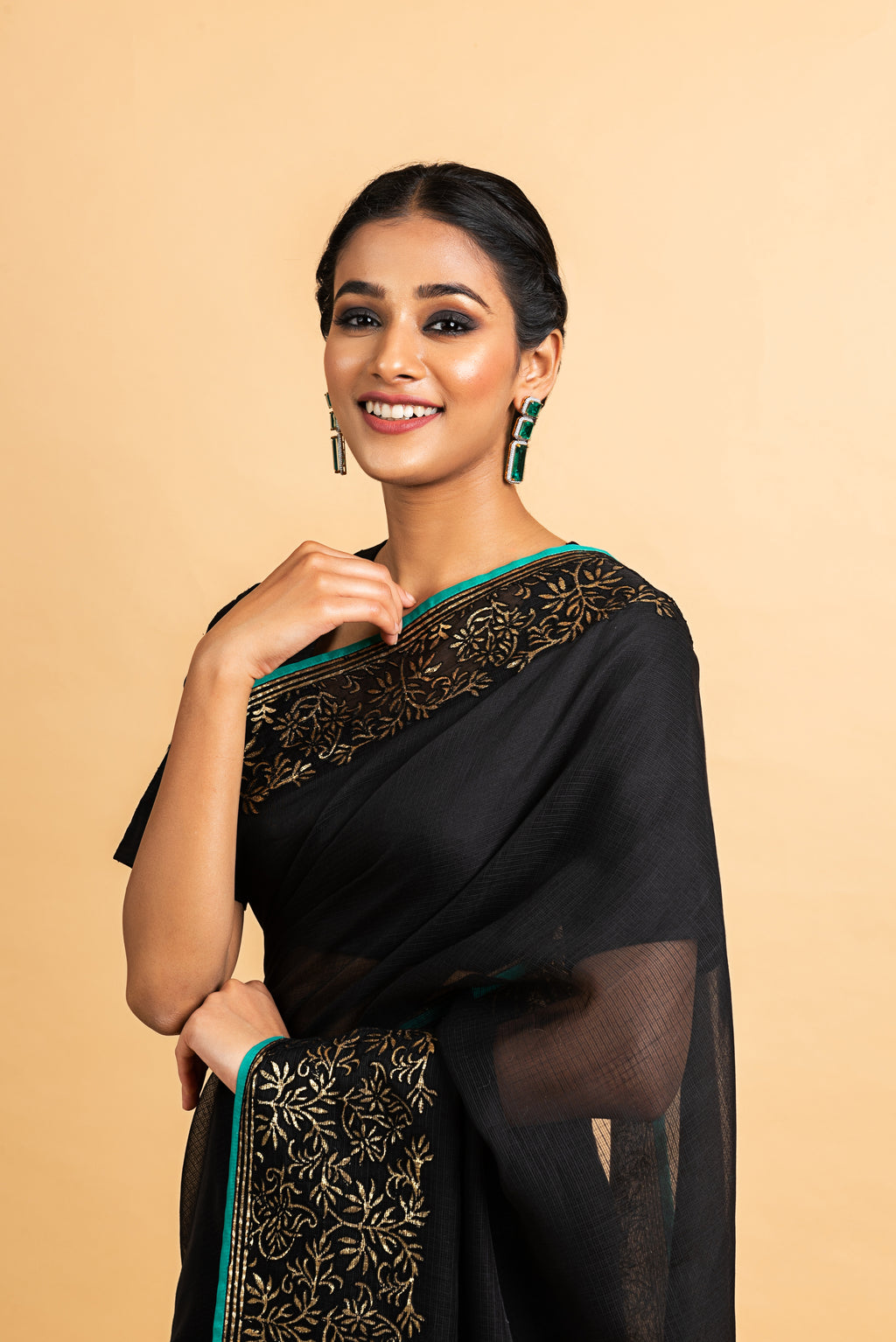 Kota Gold Foil Print With Dori Embroidery Leaf Jaal Saree - Black